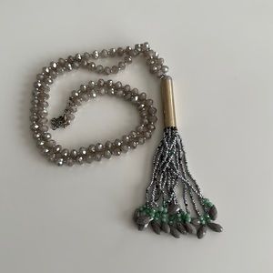 Statement Necklace with iridescent beading, gold accents with bead tassel